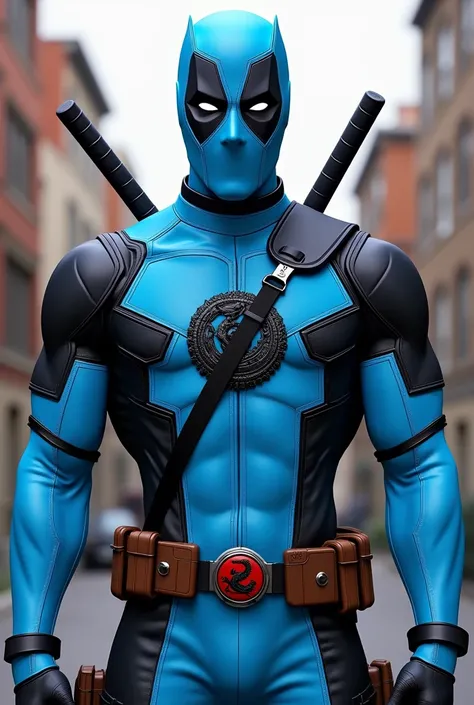 Deadpool traje color celeste, black dragon in the middle of the chest.
