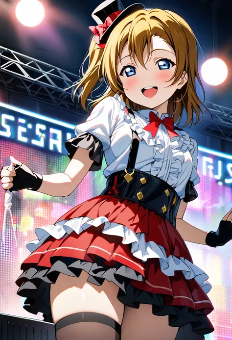 masterpiece, Best Quality, ,,Ortidyl Honoka,(anime,love live!, Honoka Takasaka ), Frilled Chalk, mini top hat, Black Hat, Frilled shirt, Short sleeve, Red ribbon, suspenders, Red Skirt, Fingerless gloves, Thigh-high socks with frills, Cowboy Shot, View you...