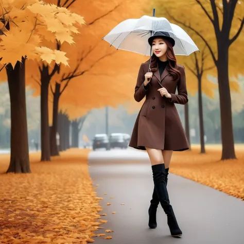 Realistic photo of Asian woman, long black and brown hair flowing neatly, detailed wearing a beret hat, carrying an umbrella ☂️ wearing shoes 👢 womens boots, attractive appearance, graceful body walking while enjoying the beauty of the surroundings, backgr...