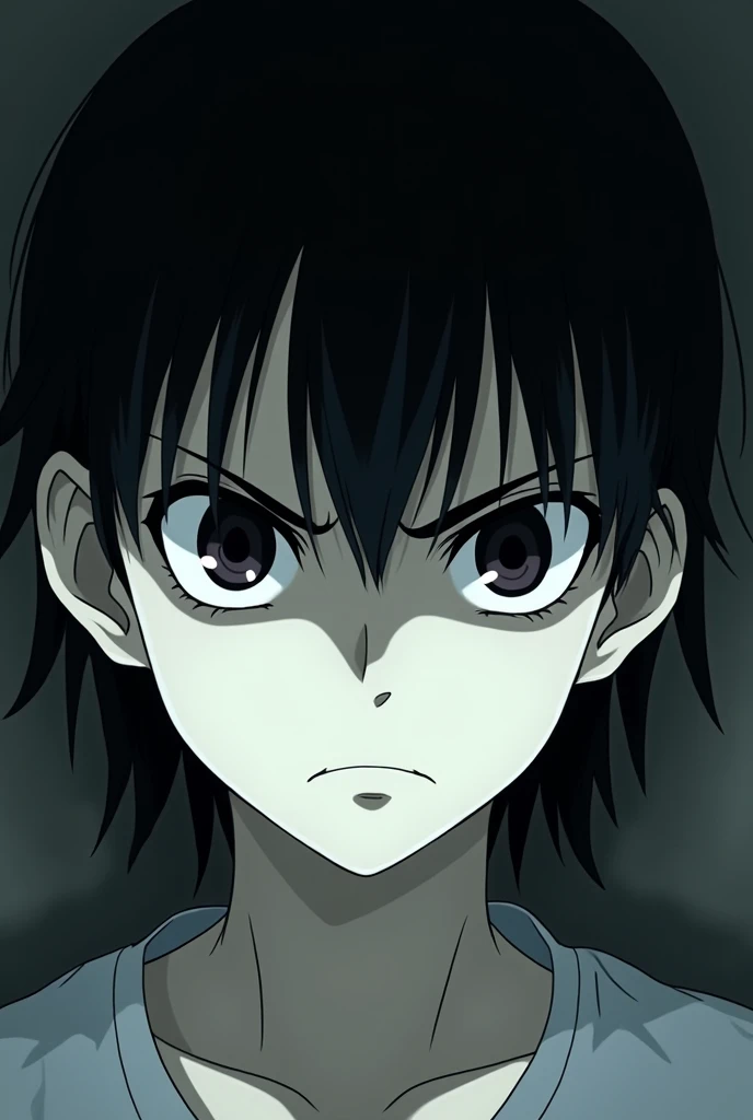 White boy with black eyes and black hair and straight black hair, with a mean look, anime version