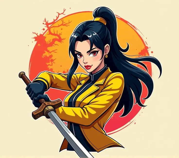 a gaming team logo, a taoist, black haired woman, yellow suit and using a sword, written Kallinka in the image