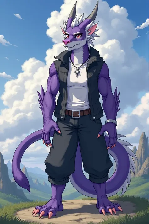 Against the backdrop of a cloudy wilderness at noon，Young slightly plump male western dragon furry，Full body standing painting，Short hair details，Gray dragon horn，Western dragon head，Purple dragon ears，Purple facial fur，White mandible fur，Purple back fur，W...