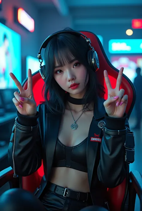 (cyberrealistic girl Korean girl have a high nose bridge and look like a  and are sitting on a gaming chair  who are posing like ✌🏻