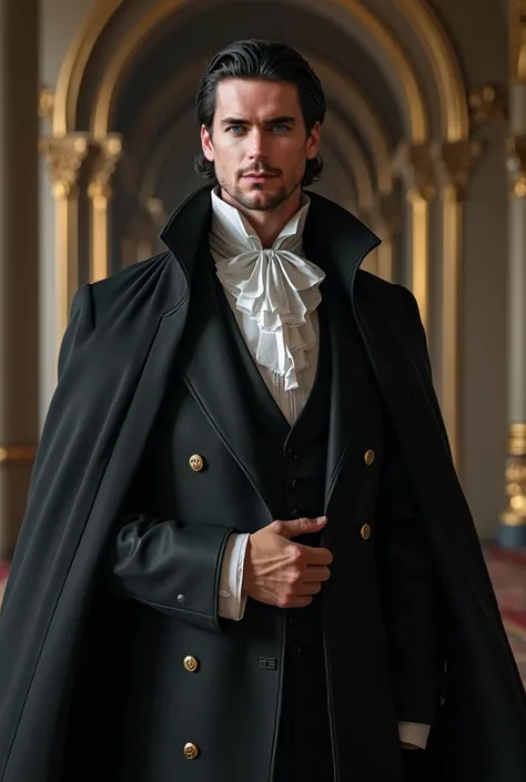 ((Inspire-se em matthew bomer)) A handsome and dashing man, very light blue eyes and black hair. She is facing, stopped, in the all-black robes of a majestic Victorian-era King. ultra resolution, high details, Better image quality. High resolution realism,...