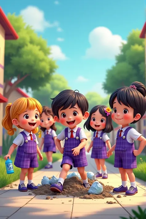 School children in purple checkered uniforms are throwing out the trash together, cartoon