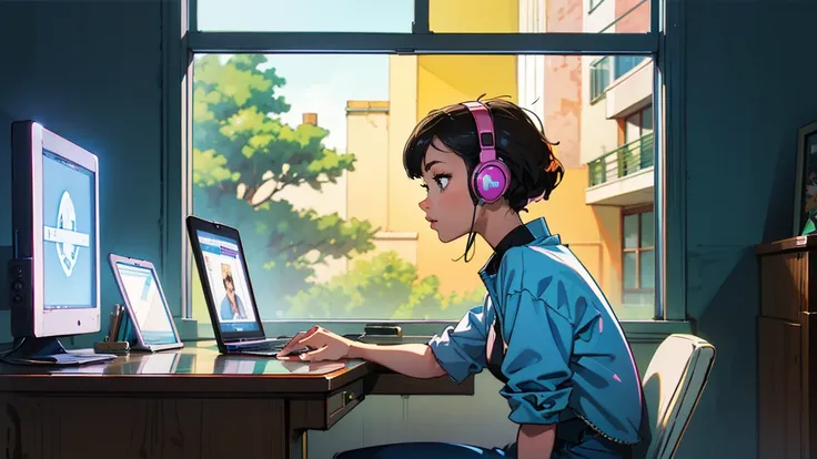 Best Quality, masterpiece), 1 girl, 1980s (style)Sitting at a desk with headphones on and a laptop,(style)A window seat in a restaurant,Outside the window is the night cityscape,(style)Upper Body,Side view pinup , (style)Black hair color,(style), The compu...