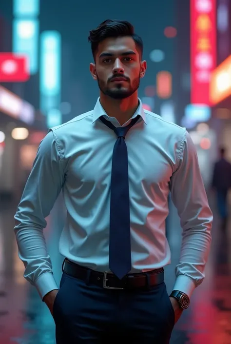 Short height man , rectangle shape, formal shirt and pant, age 26, short beard, portrait, background cyberpunk, 4K, realistic. 