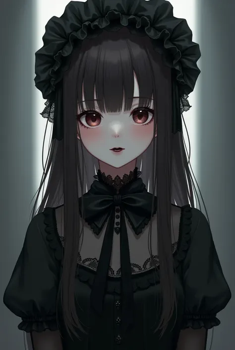 Anime girl with long dark brown hair with straight bangs, He is wearing a black bonnet., She has her lips painted black, black victorian lolita style dress