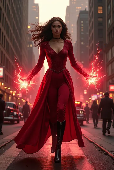 Scarlett Witch, hair blowing in the wind, hands glowing red, walking down a street in 40s New York 