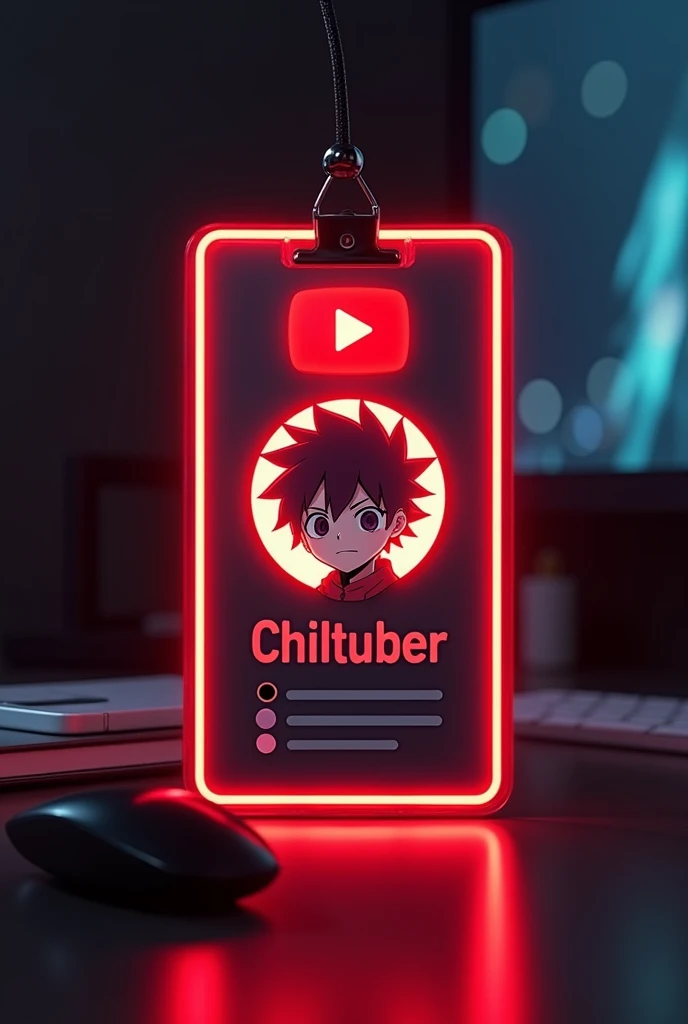 Create a youtube profile on glass id card on a black desk displaying youtube logo and realistic profile photo of a goku anime  boy in circle and " Chilltuber " is written in bold fonts under the profile photo, the youtube card is glowing in red color on th...