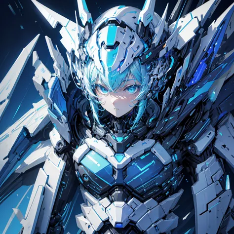 A futuristic humanoid mecha，Blue and white，((Solid blue background))