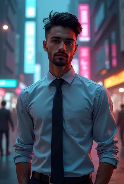 Short height man , rectangle shape, formal shirt and pant, age 26, short beard, portrait, background cyberpunk, 4K, realistic. 