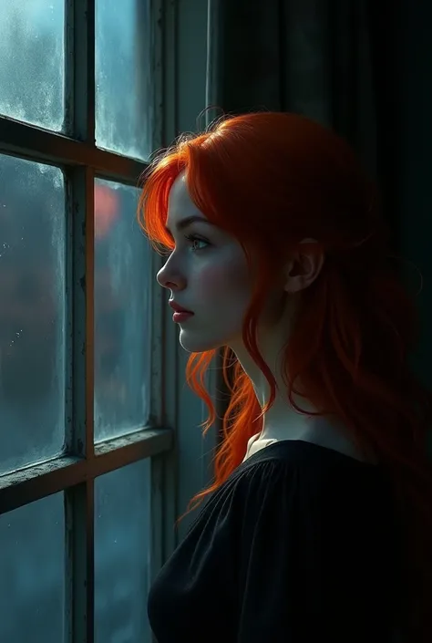 Woman with red hair, that is looking towards a back window and that its presence is not noticed(let it be at night)