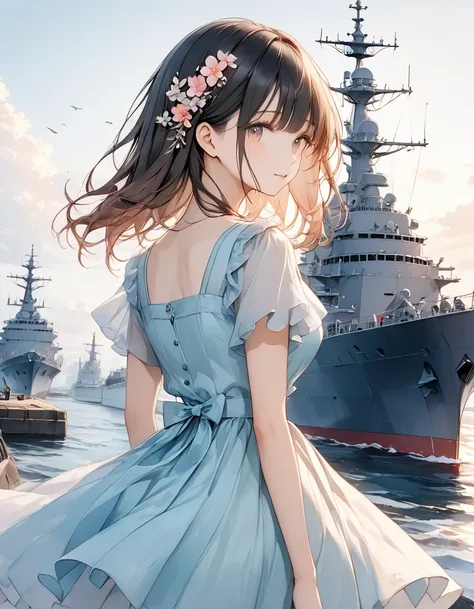 material, Watercolor paint,(Amazingly absurd)),(masterpiece:1.2),超High resolution, Attention to detail, high quality, High resolution, 最high quality, 4K, 8k、Rear view、(((Face the warship)))、A bright pastel colored dress、Short sleeves、On the embankment、Beau...