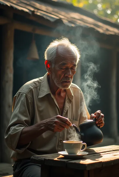 An old Thai man sits smoking a cigarette, with smoke coming out of the cigarette, and pours water from a black kettle into a coffee cup, with smoke coming out of the coffee cup, with an old wooden house in the background, with golden sunlight shining behin...