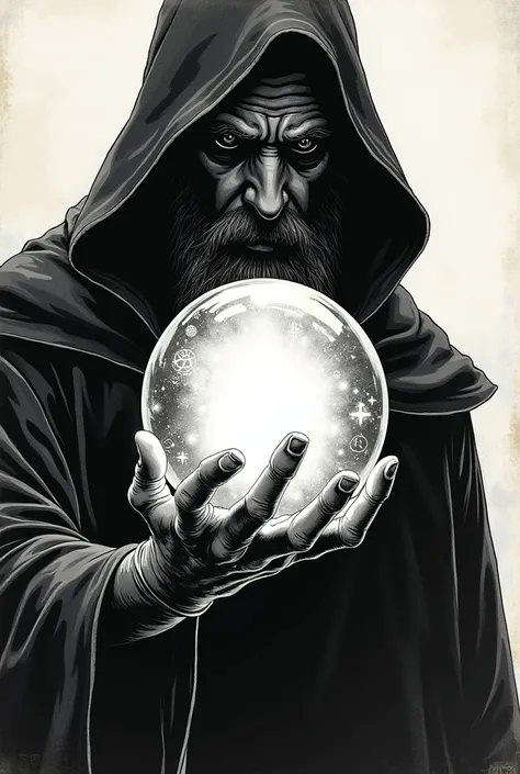 Wizard&#39;s Crystal Ball, in high contrast black and white poster style drawing 