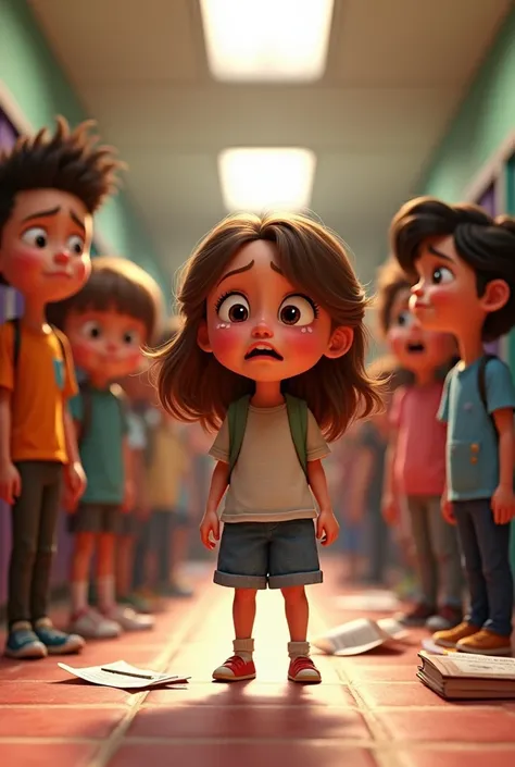 Create this Pixar style image in 16:9 format:9:Sofia, the same girl with brown hair and big eyes, It&#39;s in the school hallway. A group of children surround her and harass her, Some laughing and others pointing at her. Sofia tiene lágrimas en los ojos y ...