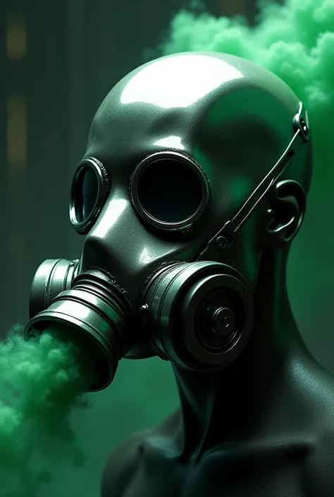 A chrome 3D male head with a gas mask, green gas coming out of the respirator 
