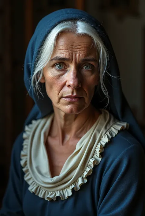 18th century Scottish maid, tired look, white hair, blue eye, wrinkled skin, maid&#39;s headscarf