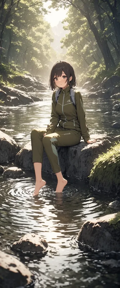 (best quality, masterpiece:1.2), Very detailed, Practical:1.37, 8k, high resolution, Very detailed background, Silhouette of a girl crossing a flowing creek in a forest area, (Mountaineering style sportswear with long sleeves and pants), forest trees々and s...