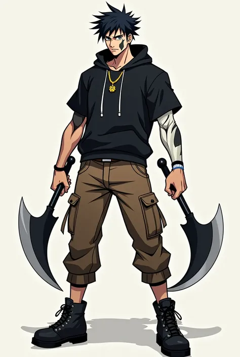 Make an  man with vitiligo, black short hair, a black hoodie with short sleeves, brown cargo pants, black combat boots, gold jewelry, holding a sickle on both hands, anime style