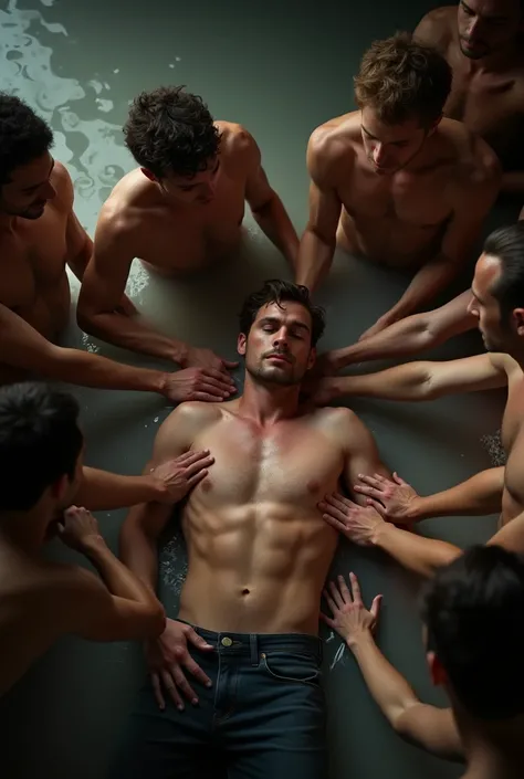 Henry cavill, seen from above, lying under a surface, shirtless,with naked men around her touching her body