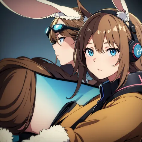  girl, light brown hair, light blue earmuffs with bunny ears, dark goggles, dark jacket, monolids, protrait