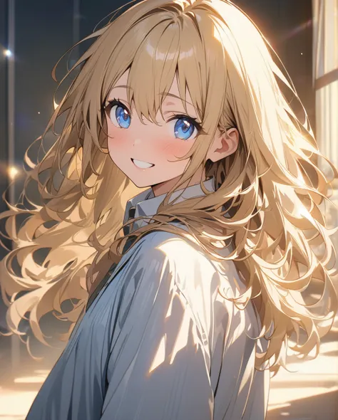 (masterpiece:1.2)、(anime)、cute、Blonde、Whole body image、Expression of light、Beautiful artwork、Detailed Description、High resolution, Anatomically correct, Best Quality, solo, 、155 cm、45 km、Hair down to shoulders、Look at, High school girl、The eyes are a beaut...