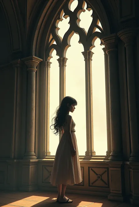 Beautiful teenage girl inside a castle on top of a tower with a large window. The same girl approaches the window and looks at everything with sadness 