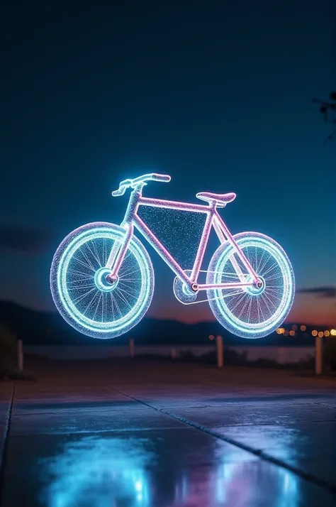 Gravity-Defying Bicycle: A bicycle with glowing wheels that never touch the ground, designed with a minimalist, holographic frame that changes colors with speed and illuminates the night sky.