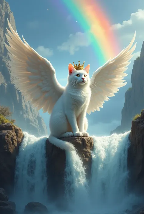 A white cat with very few spots in the background of a waterfall and the cat has wings and a crown of anger in the waterfall a rainbow appears 
