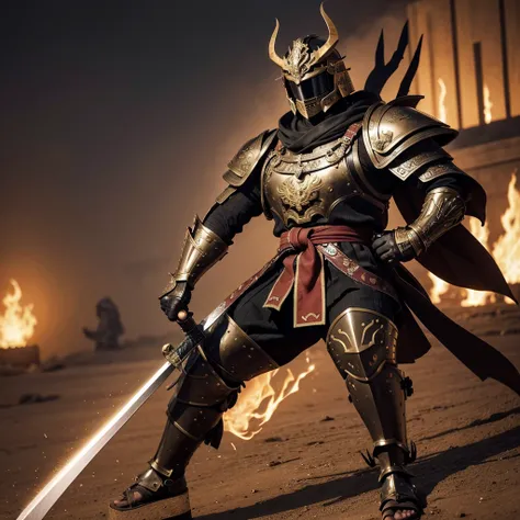 The Shogun stands tall in an intricately detailed suit of armor. His kabuto helmet is adorned with a golden crest shaped like a phoenix, symbolizing his authority. The armor is a deep, polished black with golden accents along the chest plate, pauldrons, an...