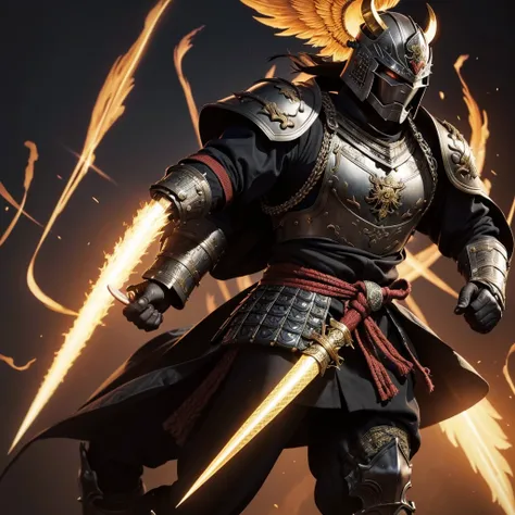 The Shogun stands tall in an intricately detailed suit of armor. His kabuto helmet is adorned with a golden crest shaped like a phoenix, symbolizing his authority. The armor is a deep, polished black with golden accents along the chest plate, pauldrons, an...