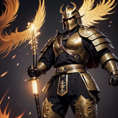 The Shogun stands tall in an intricately detailed suit of armor. His kabuto helmet is adorned with a golden crest shaped like a phoenix, symbolizing his authority. The armor is a deep, polished black with golden accents along the chest plate, pauldrons, an...