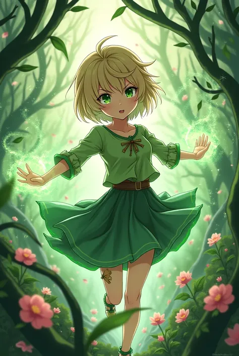 Pretty girl, short blonde hair, green eyes, nature powers, action anime style