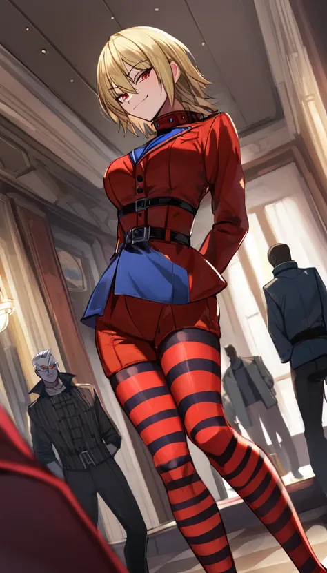 Hellsing ultimate, 1girl, front view, gigantic , blue jumpsuit, jumpsuit, d, striped thighhighs, red thighhighs, dutch angle, multiple boys, best quality, amazing quality, very aesthetic, absurdres, blonde hair, seras victoria, hellsing, seras, arms behind...