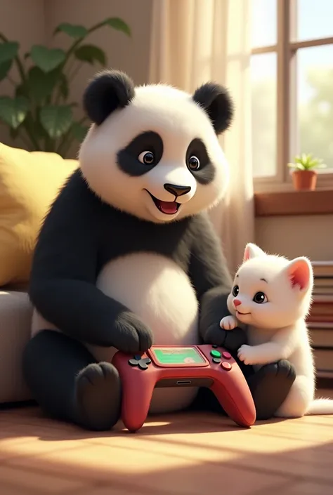 Panda and white kitten play Video game