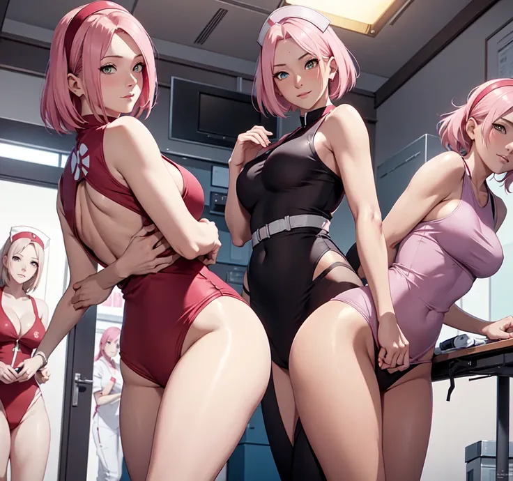 Sakura Haruno, mature body, Beautiful face, sensual pose, big buttocks, in the hospital, 1 girl, perspective seeing you from below, nurse outfit, bare shoulders, big thighs, smile, blushing, in the hospital, stop, showing exciting abdomen, perfect curves, ...