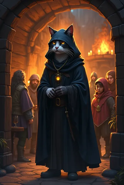 Collars entrando en la taberna:
prompt: "Illustrates an anthropomorphic cat with the appearance of a wizard, wearing dark robes and a hooded cloak that gives him a mysterious air. The cat, Kragar, You are entering a tavern set in a fantasy universe like Du...