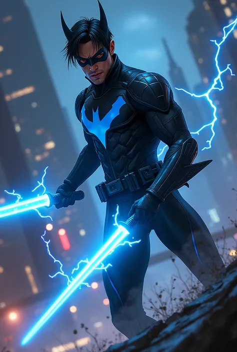 Nightwing (Dick Grayson),DC Comics,with a pair of blue electric sticks.