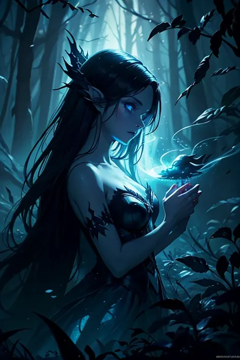 A beautiful ethereal and cute dak fairy, gothic aesthetic, smoke effects, long dark hair, dark blue fairy wings, reptile skin, cosmic eyes. The scene is rich in dark fantasy elements. Captured in a dramatic and cinematic style, in a dynamic composition, th...