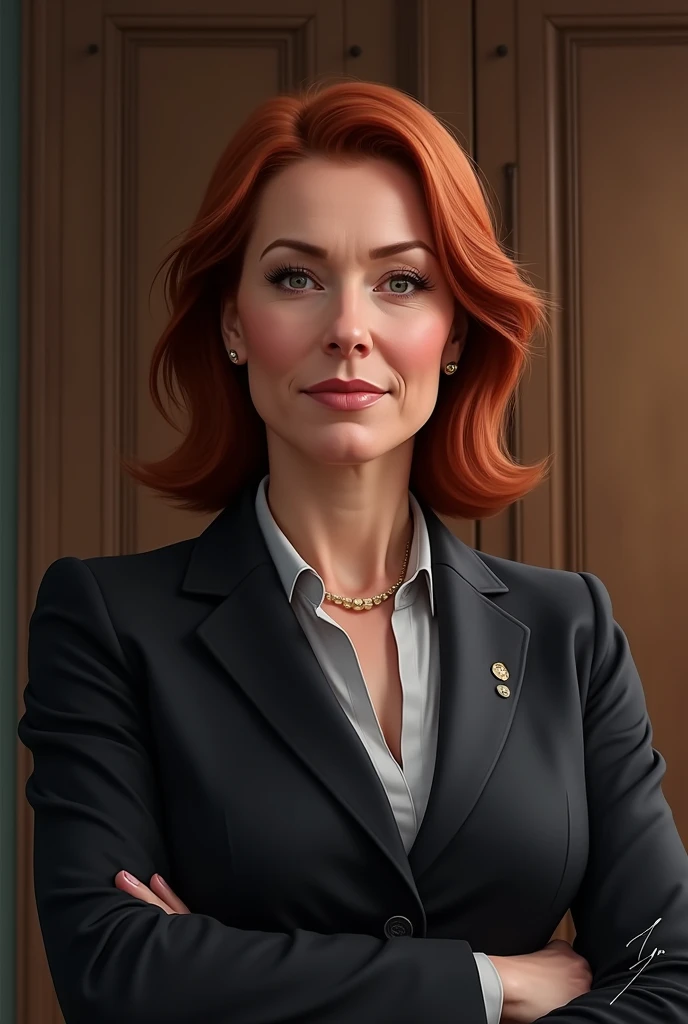 realistic woman as councilwoman, with slightly wavy, red, shoulder-length hair