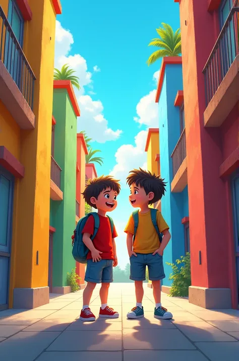 A school entrance with two small boys standing together. One looks excited, while the other appears nervous. Around them are tall school buildings with colorful walls, creating a lively yet overwhelming atmosphere