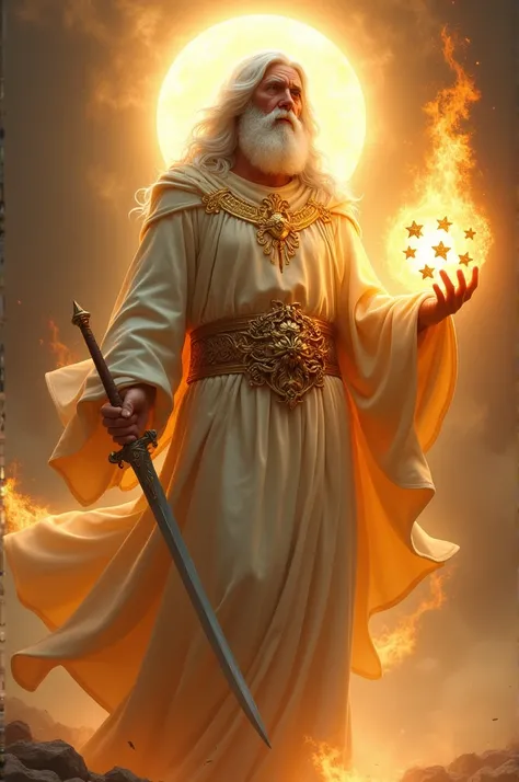 a being that looked like the Son of Man; He was dressed in a robe that reached to his feet and had a gold belt around his chest. His head and his hair were white like wool or snow, and his eyes were like a flame of fire.. His feet shone like fine bronze wh...