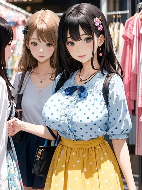 Best Quality、High resolution、Detailed Background、Beautiful Teenage Girl、((Three Women))、(Big Breasts:1.2)、
It&#39;s best to choose a cute color., Bright and pastel colors.。
pink、light blue、A typical example is、yellow.。

Pair it with a top or skirt with fri...