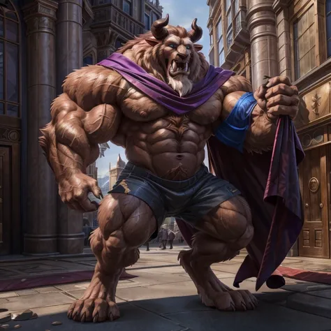 a photorealistic image of the beast from the movie beauty and the beast, super muscular giant, with muscular arms, broad shoulde...