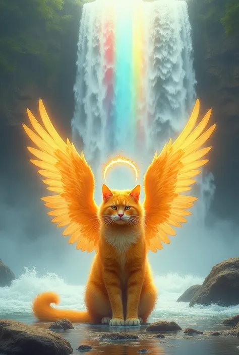 A yellow cat with a white background, a waterfall and the cat has wings and an anger ring, in the waterfall a rainbow appears 
