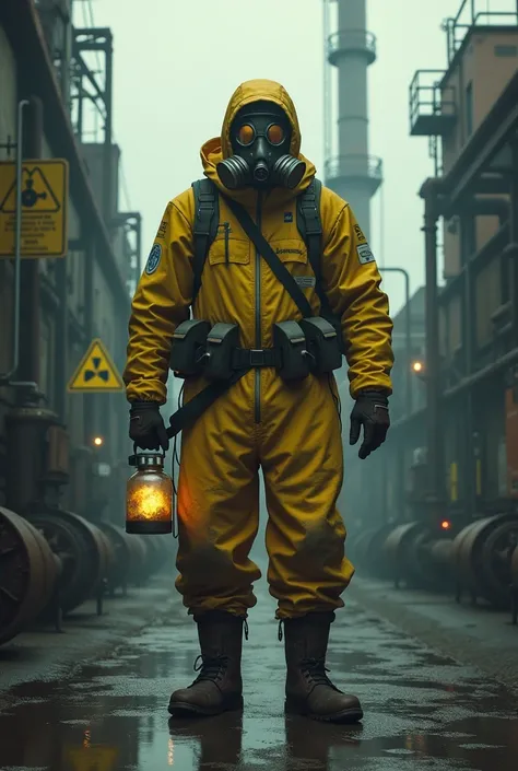 Create a man with a gas mask, in a power plant, holding a radioactive vial, with a yellow bomb protection suit 
