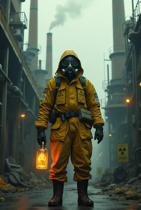 Create a man with a gas mask, in a power plant, holding a radioactive vial, with a yellow bomb protection suit 
