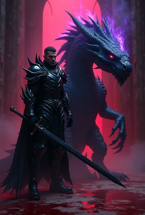 ((better qualitative)) , (detailed), knight, Black Dragon Armor, Black Sword, Lilith inside a church, deep, shiny metallic black , Fire, blood stains, whole body, In the style of the dramatic red lights D14bl0, Violet eyes, wavy coat, And next to him, a dr...